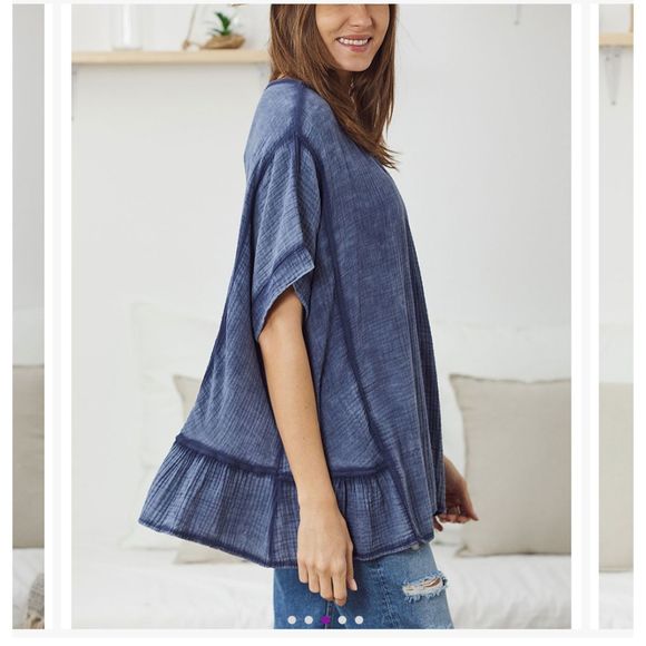 Navy V-Neck ruffle-hem top, Ornella Paris, 100% Cotton, XXL - Picture 2 of 7